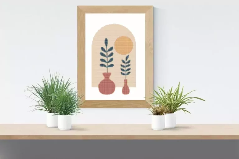 Point De Croix Abstrait Deux Fleurs en Pot