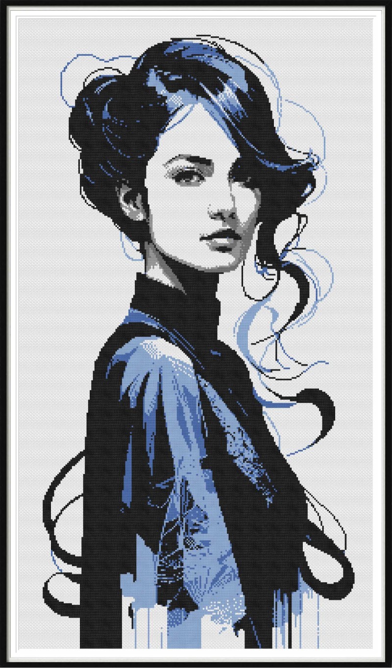 femme style japonisant bleu gris